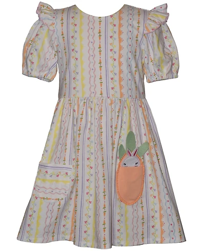 Bonnie Jean Girls' 2T-6X Short-Sleeve Bunny and Carrot Striped Pocket Dress