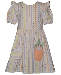 Bonnie Jean Girls' 2T-6X Short-Sleeve Bunny and Carrot Striped Pocket Dress