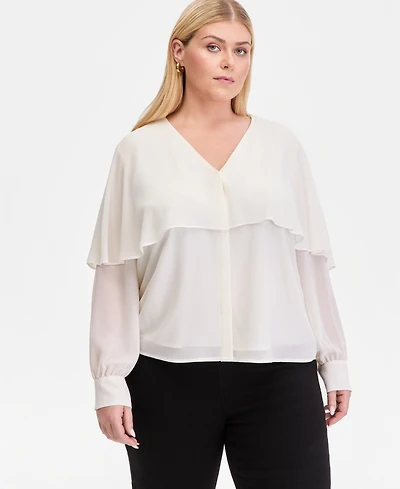 I.n.c. International Concepts Plus Long-Sleeve Cape-Shoulder Blouse, Macy's Exclusive