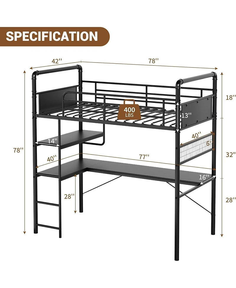 gaomon Loft Bunk Bed with L-Shaped Desk, Twin Under-Desk Workspace, Metal Ladder & High Guardrail for Kids, Teens, Adults
