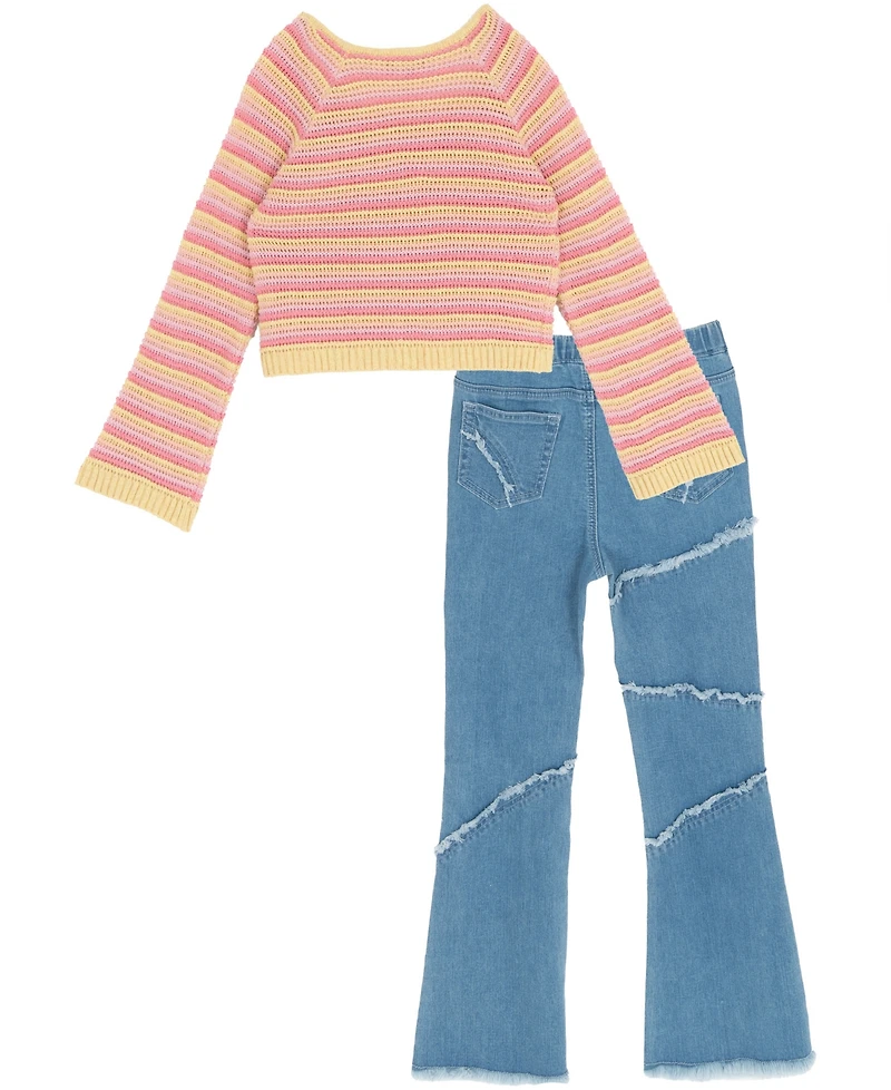 Rare Editions Girls' 7-12 Long-Sleeve Crochet Sweater and Flare Jeans, 2-Piece Set