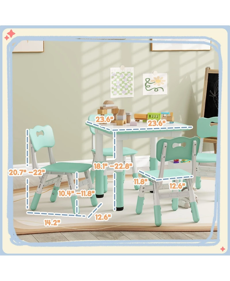 Jujabu Kids Table and Chair Set Height Adjustable 5 Piece Toddler Table Set with Storage Box Easy Clean Activity Table with 4 Chairs for 18M 5Y Green