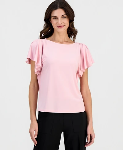 Anne Klein Women's Crewneck Cascade-Flutter-Sleeve Top