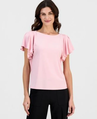 Anne Klein Womens Crewneck Cascade Flutter Sleeve Top