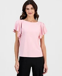 Anne Klein Womens Crewneck Cascade Flutter Sleeve Top