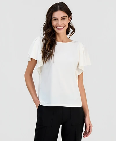 Anne Klein Women's Crewneck Cascade-Flutter-Sleeve Top