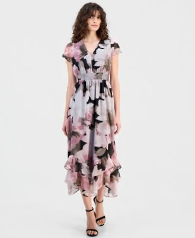 Anne Klein Womens Floral Print Smocked Ruffled Dress