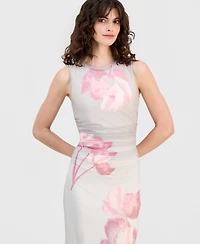 Anne Klein Women's Mesh Floral-Print Ruched-Waist Midi Dress