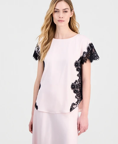 Anne Klein Women's Short-Sleeve Lace-Trim Satin Top
