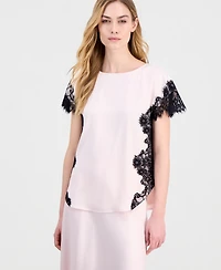 Anne Klein Women's Short-Sleeve Lace-Trim Satin Top