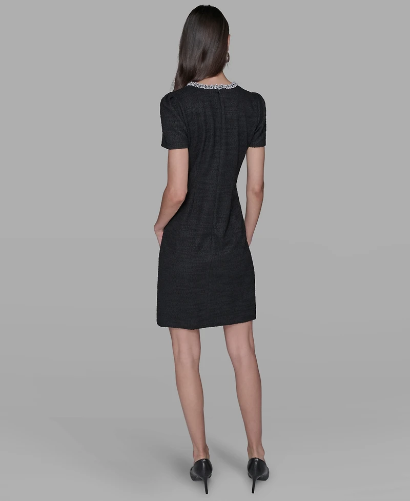 Knit Tweed Shift Dress with Crew Neckline Pearl Trim