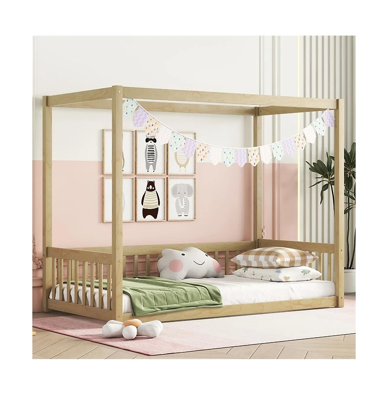 Cesicia Twin Canopy Floor Bed with Safety Fence Wooden Play Guardrails for Kids Room