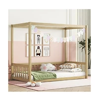 Cesicia Twin Canopy Floor Bed with Safety Fence Wooden Play Guardrails for Kids Room