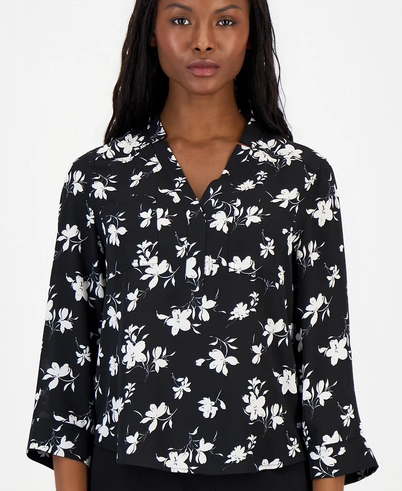 Anne Klein Essentials Petite Printed 3/4-Sleeve V-Neck Top