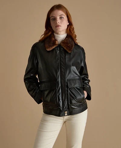 Furniq Uk Women's Leather Jacket with Detachable Shearling Collar