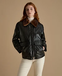 Furniq Uk Women's Leather Jacket with Detachable Shearling Collar