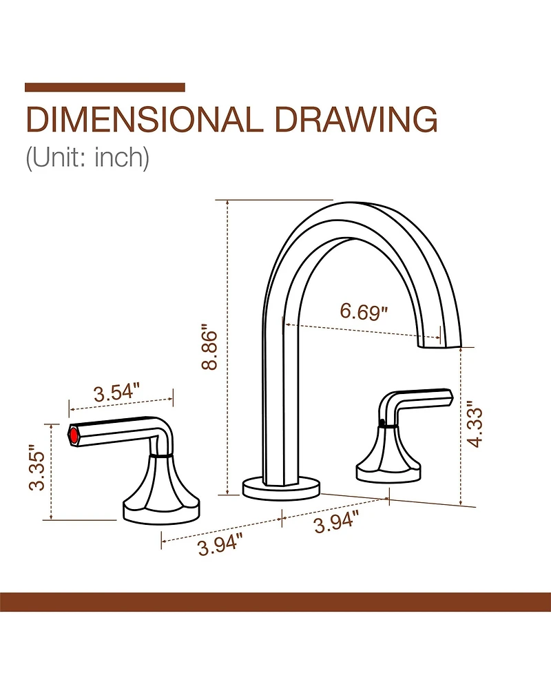 Boyel Living 8" Widespread Brass Bathroom Faucet with Double Handles & Lead-Free Hose