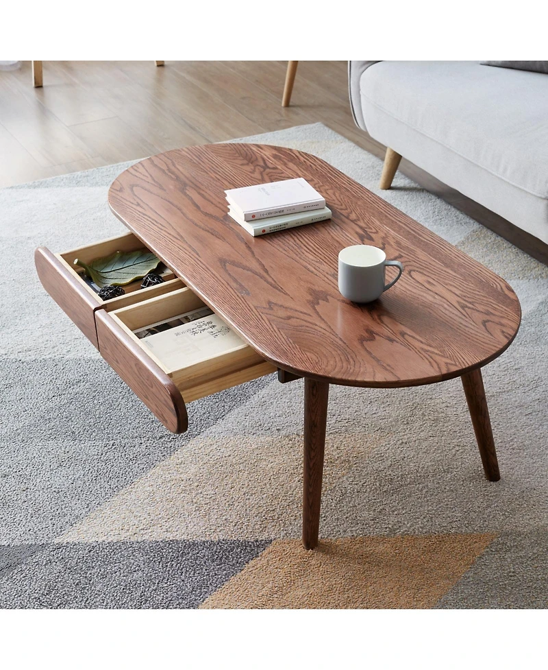 Boyel Living Solid Wood Coffee Table with 2 Drawers, Oval Design & Easy Assembly
