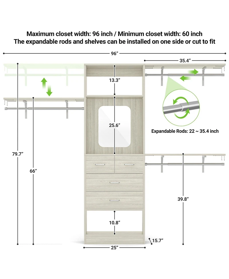 Aheaplus 96'' Closet Organizer System with 4 Drawers & Mirror, Heavy Duty 3 Shelving Towers Hanging Rods