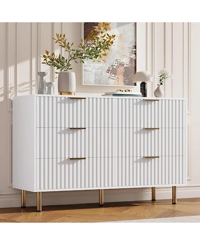 gaomon 6-Drawer Modern Fluted White Dresser, 47.2 Inch Wide Chest, Deep Drawers, Tv Stand, Organizer for Bedroom, Living Room, Kids Room