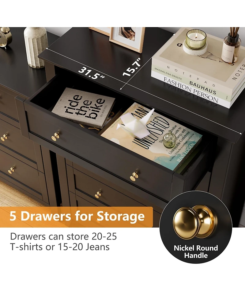 gaomon White 5 Drawer Modern Tall Nightstand, Deep Drawers, Nickel Round Handle, Chest Organizer for Bedroom