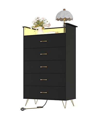 5 Drawer Wooden Dressers for Bedroom with Led Lights & Charging Station