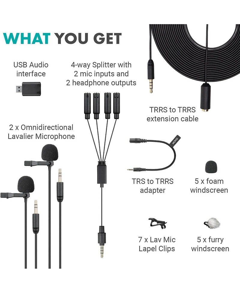 Movo VersaLav-V2 Lavalier Microphone Set for Smartphones, Computer, Dslr or Mirrorless Camera