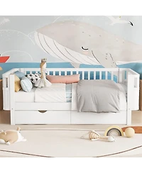 Boyel Living Twin Size Wood Platform Bed for Kids with Low Profile, Safety Rails & 2 Wheeled Storage Drawers