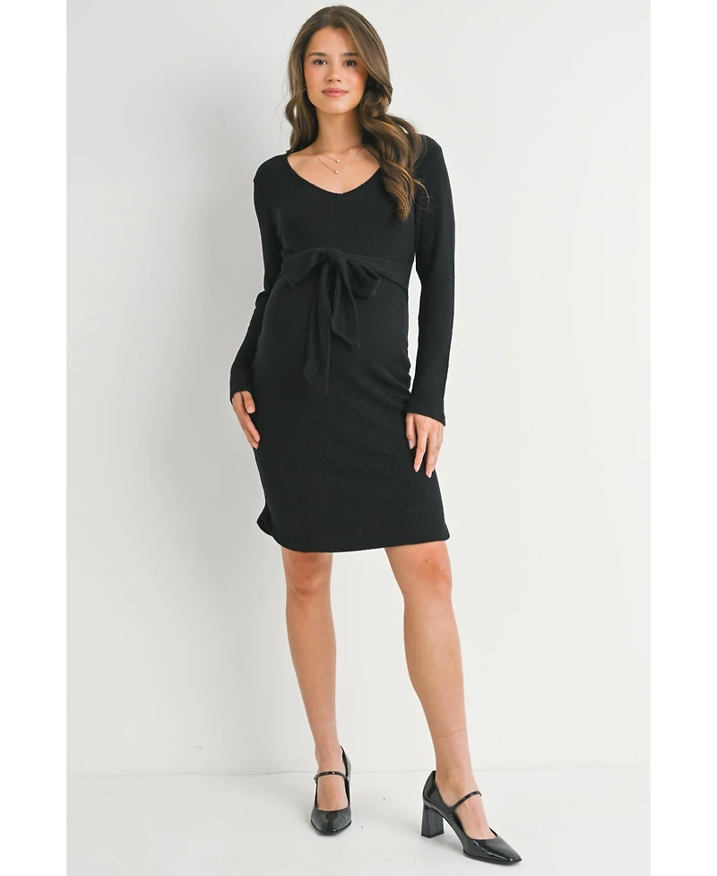 Hello Miz Maternity Ribbed Knit Tie-Front V Neck Dress