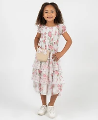 Rare Editions Girls' 2T-6X Twin Print Floral Chiffon Smocked Puff Sleeve Dress