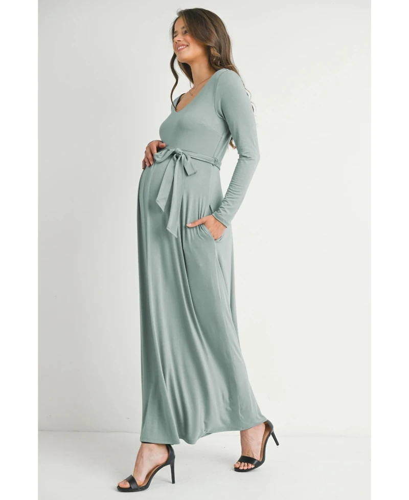 Hello Miz Maternity V Neck Long Sleeve Tie Waist Maxi Dress