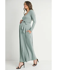 Hello Miz Maternity V Neck Long Sleeve Tie Waist Maxi Dress