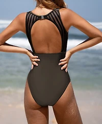 Cupshe Women's Tummy Control High Neck Cutout Back Hook Mesh One Piece Swimsuit