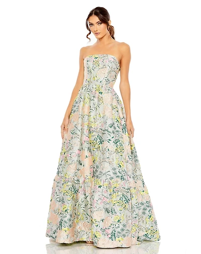 Mac Duggal Women's Floral Brocade Strapless A Line Gown