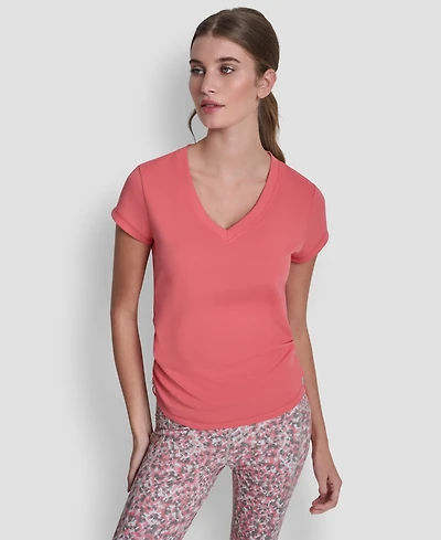 Dkny Sport Women's Ruched Side Seams V-Neck Tech T-Shirt