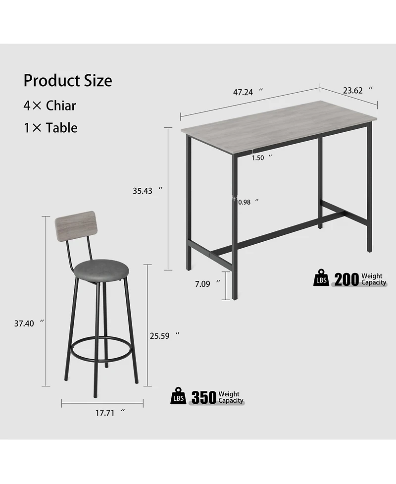 Clihome Bar Table Set with 4 Bar stools Pu Soft seat with backrest, Grey, 47.24'' L x 23.62'' W x 35.43'' H