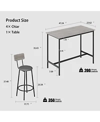 Clihome Bar Table Set with 4 Bar stools Pu Soft seat with backrest, Grey, 47.24'' L x 23.62'' W x 35.43'' H