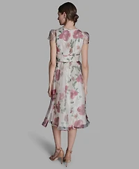 Bcbg Women's V-Neck Organza Floral Fit-and-Flare Midi Dress