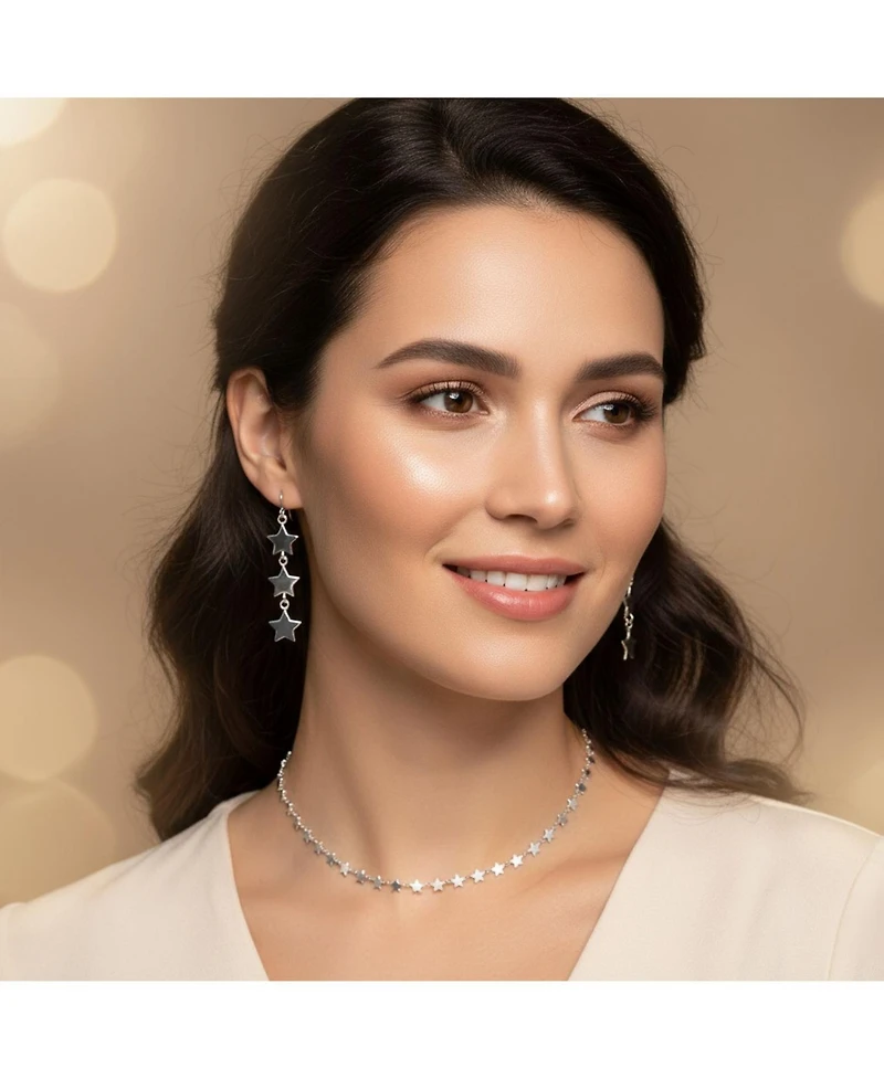 Bling Jewelry American Usa Patriotic Celestial Rock Star Super Stars Thin Collarbone Necklace & Linear Dangle Earrings Jewelry Set Sterling Silver