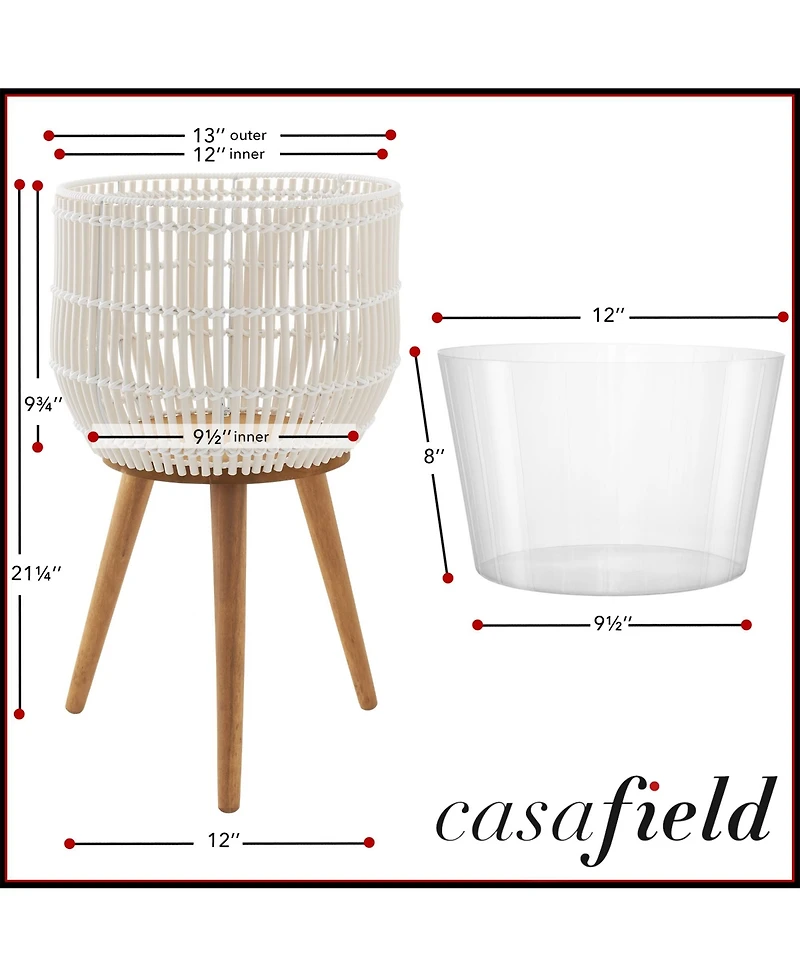 Casafield Floor Planter with Wood Legs Natural, Basket Stand, Large Plant Pot Cover Liner