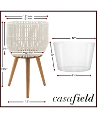 Casafield Floor Planter with Wood Legs Natural, Basket Stand, Large Plant Pot Cover Liner
