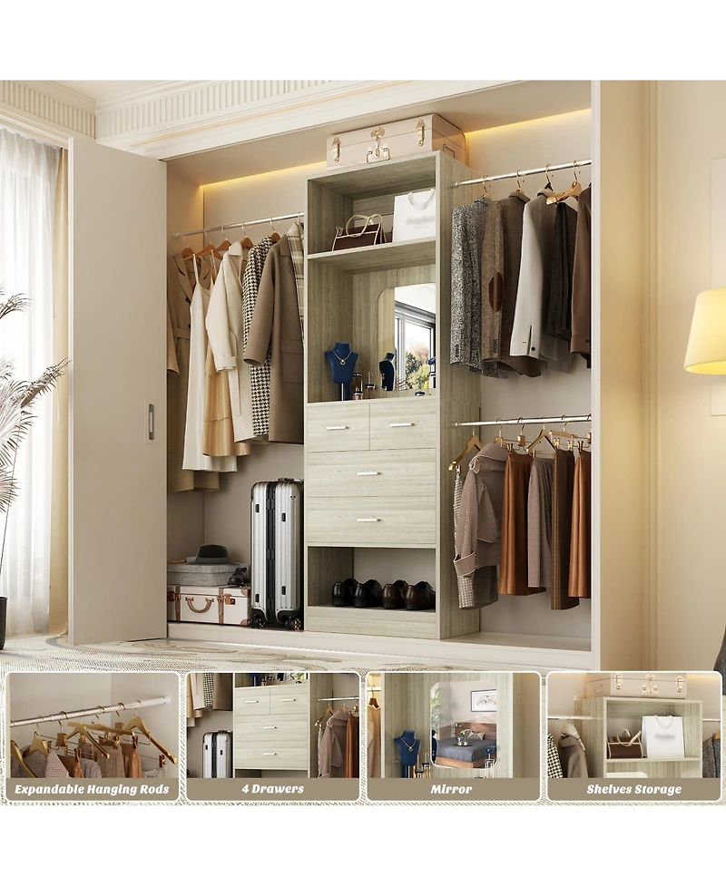 Aheaplus 48 - 96 Inch Wide Adjustable Closet Organizer with 4 Drawers, 3 Hanging Rods, and a Mirror, Freestanding