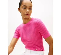 Tommy Hilfiger Women's Pointelle Ribbed Short-Sleeve Sweater