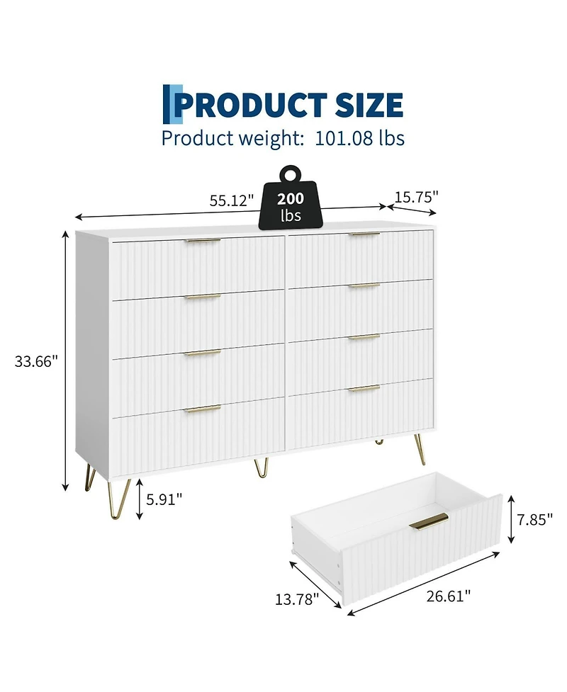 Fluted Dresser for Bedroom with 8 Drawers,55" Wide Modern Chest of Wooden Drawers