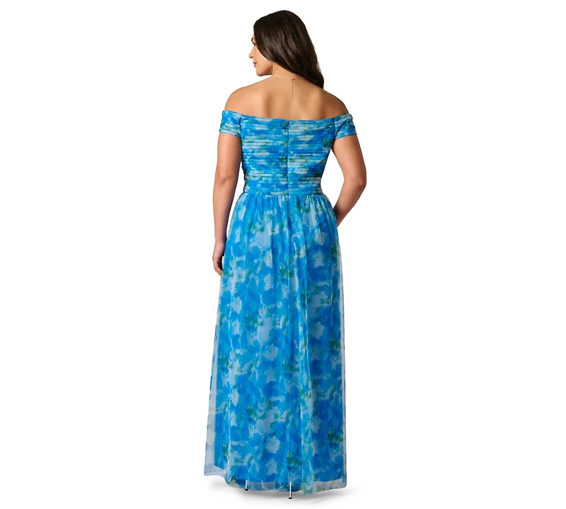 Adrianna Papell Plus Printed Tulle Off-the-Shoulder Gown