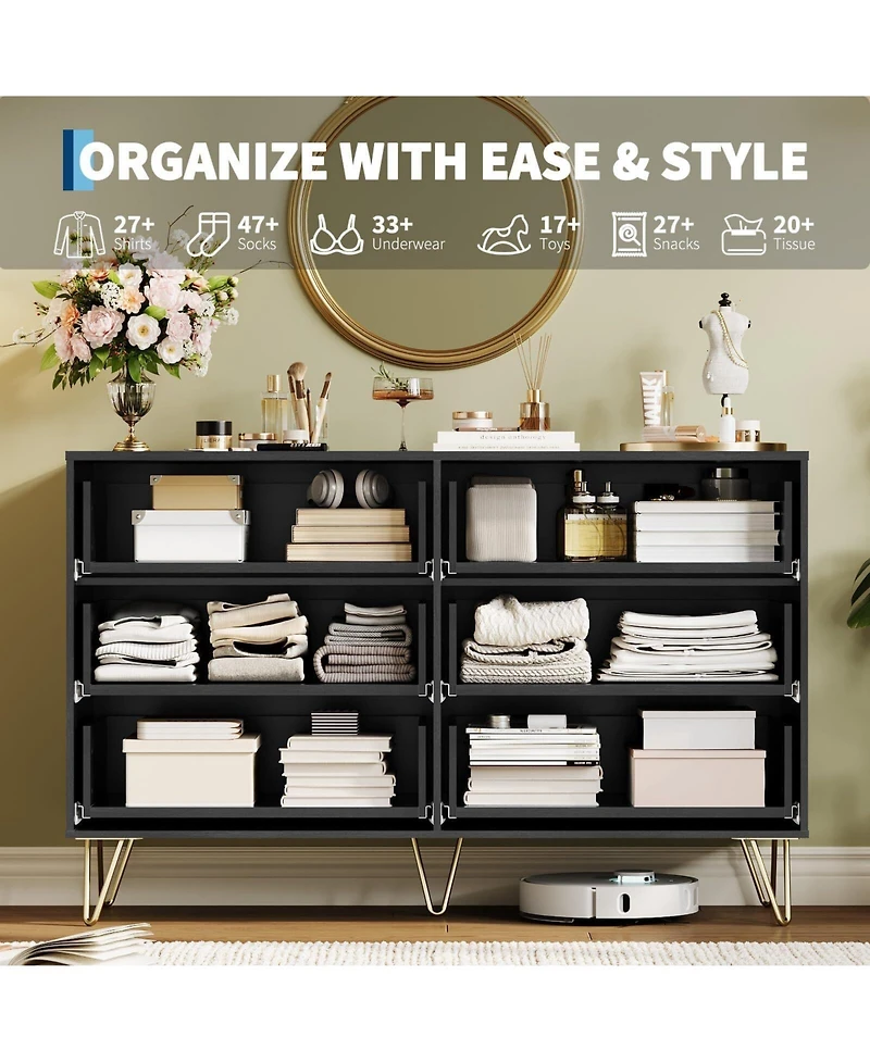 Gaomon 47" Wide Modern Fluted 6-Drawer Wooden Bedroom Dresser