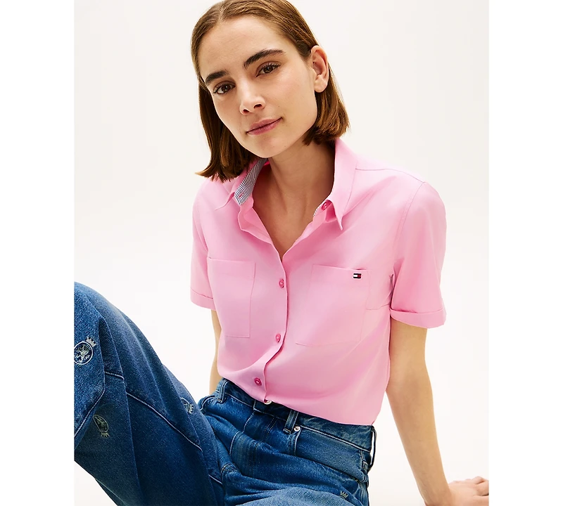 Tommy Hilfiger Women's Classic Poplin Solid Short-Sleeve Shirt
