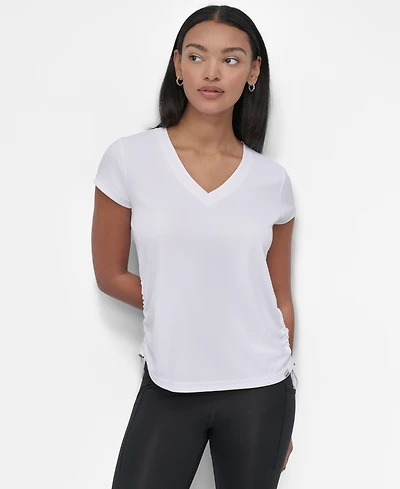 Dkny Sport Women's Ruched Side Seams V-Neck Tech T-Shirt