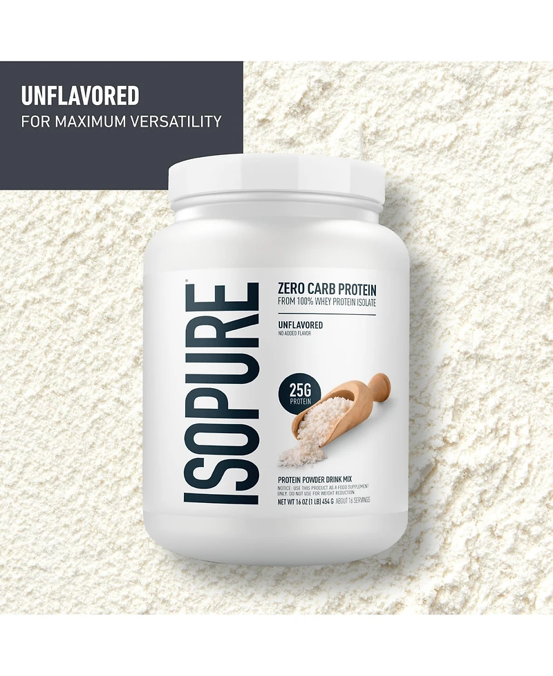 Isopure Zero Carb 100% Pure Whey Isolate Protein Powder, Unflavored, 25g Protein, 16 Servings Tub