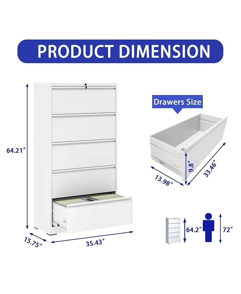 Boyel Living 5 Drawer Metal Lateral File Cabinet, White Filing Cabinet with Lock, Lockable File Cabinet for Home Office, Locking Metal File Cabinet